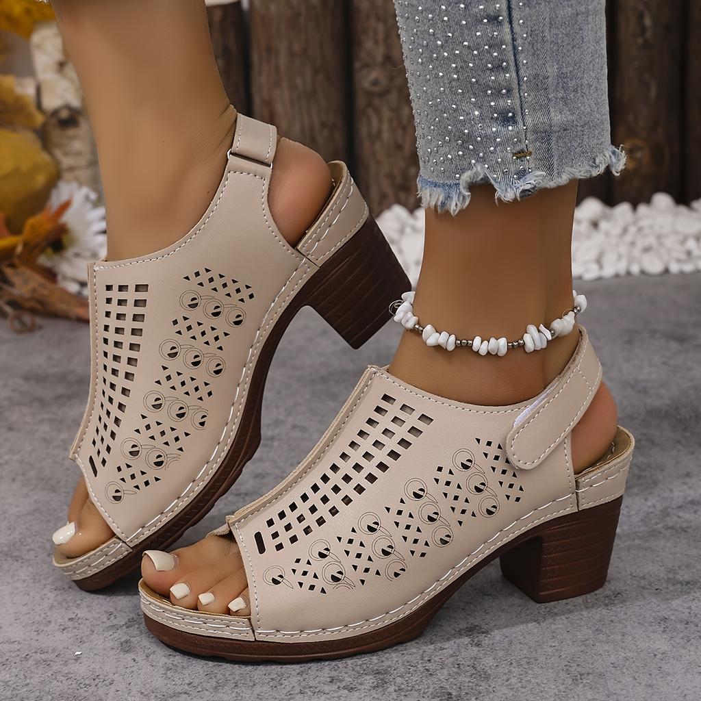 Moda de Verão Feminina Salto Alto, Sandálias de Tamanho Grande Cor Sólida Bico Aberto, Sapatos com Tira Traseira Ajustável e Design Escavado