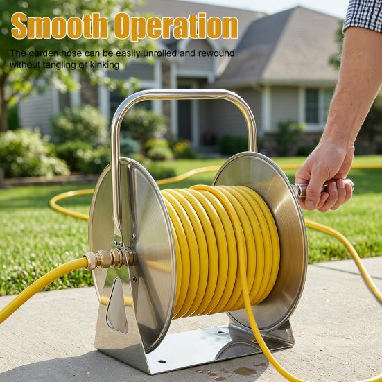 Water Hose Reel Stainless Steel Garden with 6.5ft Leader Pipe, Wall/Floor Mounted Metal Wall Mount Crank Handle, Holds 5/8" X 75ft or 1/2" 130ft