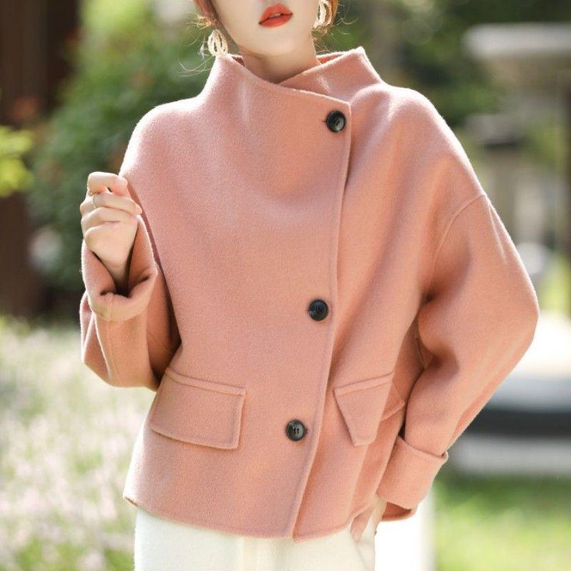 Women's Petite Double-Faced Cashmere Coat - Short Stand Collar, Pure Wool, Loose Slimming Fit for Autumn/Winter