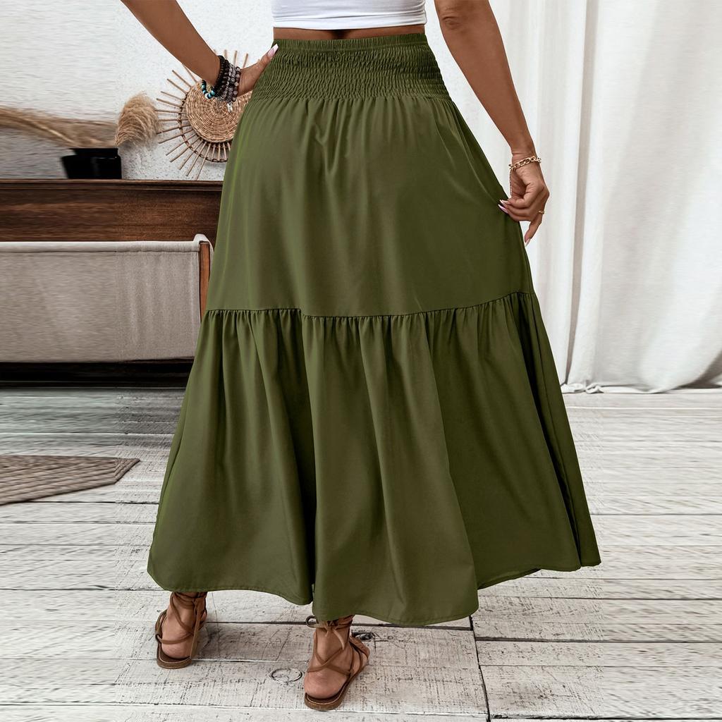 Women's Fashion Pleated Floral Print Elastic Waist Loose Splicing A Line Pocket Skirt
