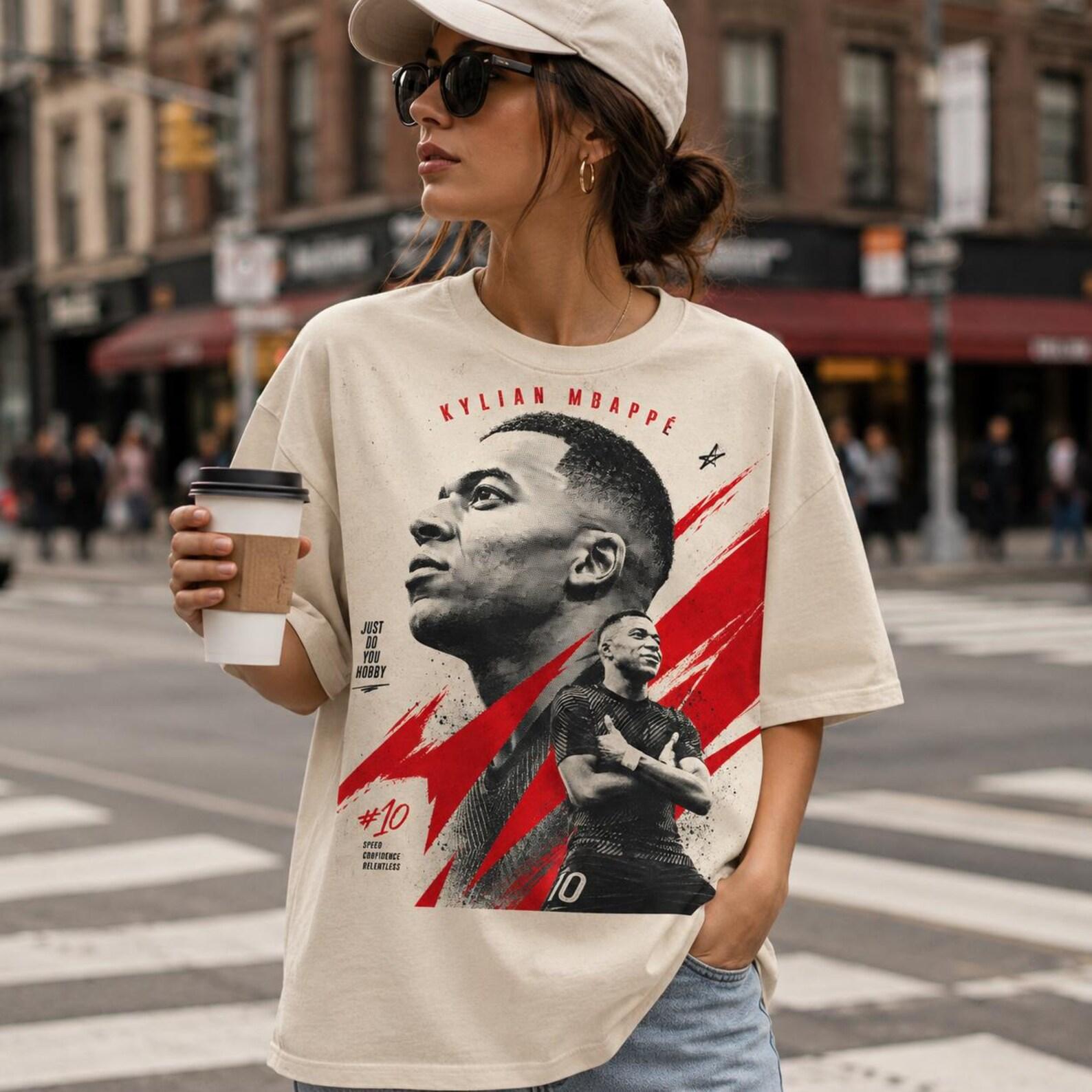 Kylian Mbappe Football Graphic Tribute Shirt, Soccer Fan Tee, Ivory Comfort Colors Gift For Women Red Black Player Poster Style Gift M