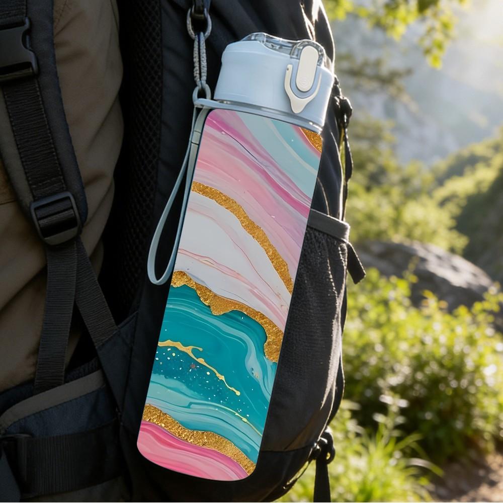 1PC Pink Blue Geode Marble Pattern 750ml Color Plastic Sports Water Bottle Leakproof Flip Straw Lid Suitable for Sports Office Home Use