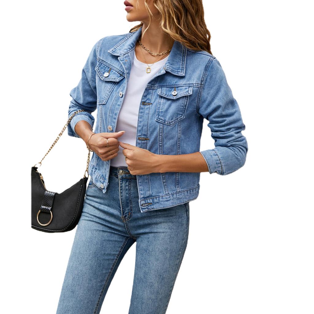 Women's Denim Jackets Fashion Female Casual Long Sleeve Lapel Solid Button Down Chest Pocket Slim Jean Jacket