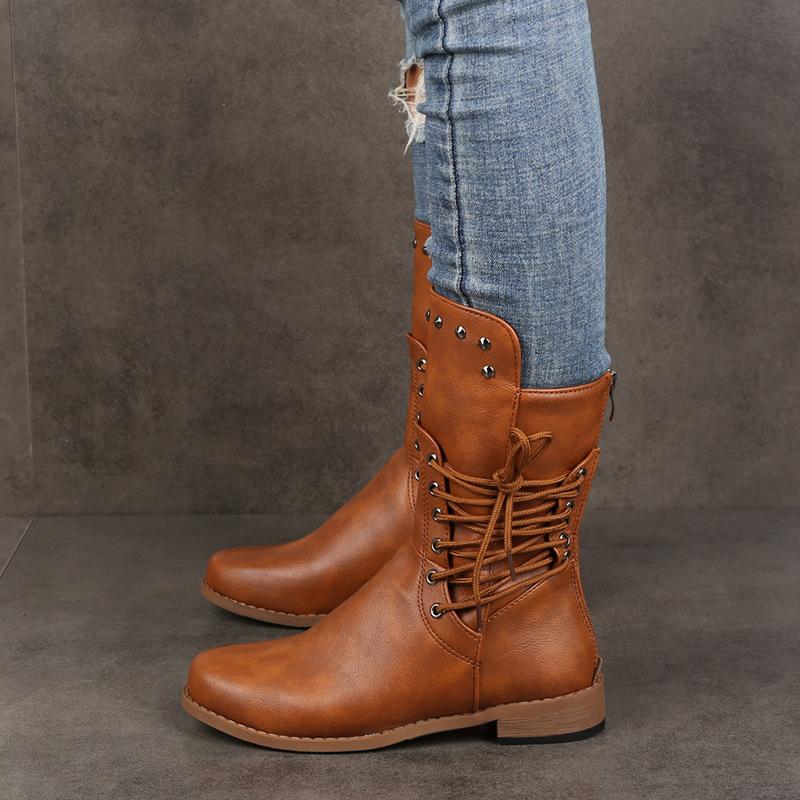 European and American Short Leg Women's Boots 2024 Autumn New Round Toe Lace Up Low Heel Design Sense Lace Up Women's Boots