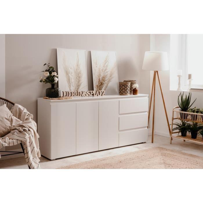 Buffet Capetown - Décor blanc brillant - Panneaux de particules - 3 portes - 3 étagères - 3 tiroirs - 179 x 80,5 x 40 cm