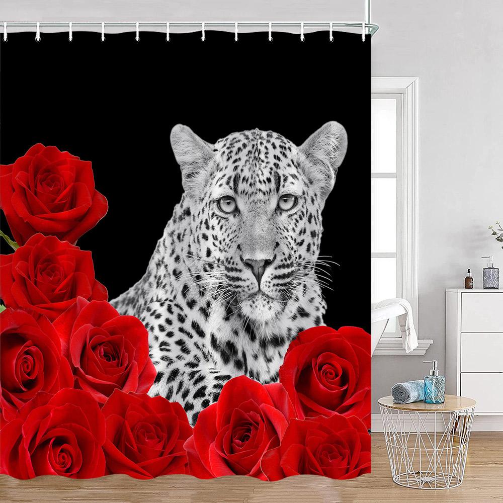 Wild Animals Shower Curtains Lion Tiger Giraffe Roses Bathroom Decorations Modern Fashion Polyester Bath Curtain with Hooks