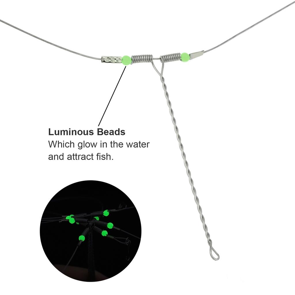 10Pcs Anti-Tangle Soft Steel Wire Rigs, 70LB Line with Luminous Beads, Complete Bottom Pulley Rope Set for Saltwater Sea Fishing