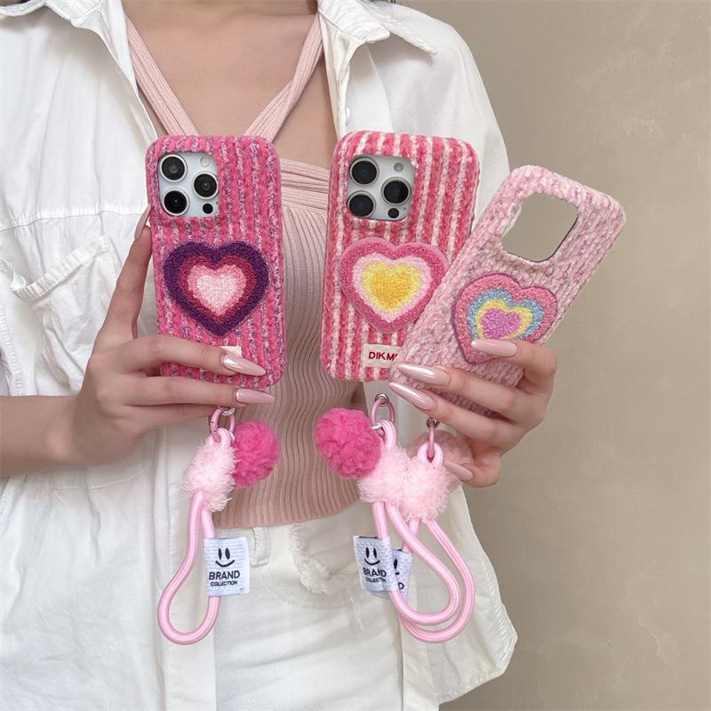Cute Fluffy Plush iPhone Case with Colorful Heart Decor & Elastic Wrist Strap Sweet Phone Cover for iPhone 17/15/14/13 Pro Max