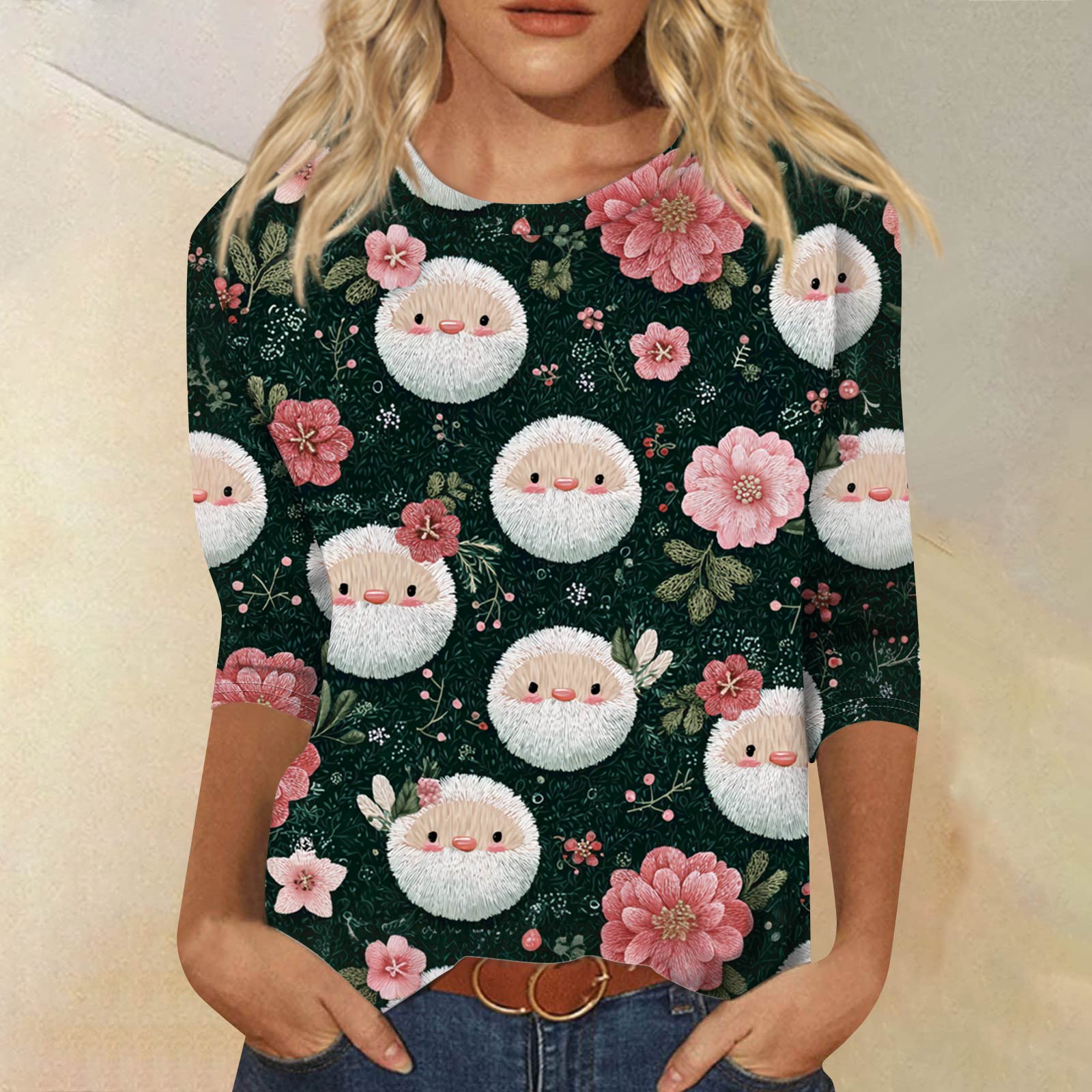 

Жіноча модна повсякденна вільна футболка з принтом і круглим вирізом з рукавом 3/4 L темно-зелений колір