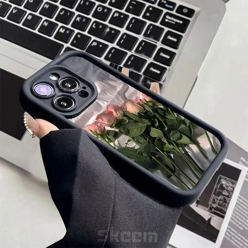 Oil Painting White Rose Flower Silicone Phone Case For iPhone 15 14 13 12 11 Pro Max XS X XR 7 8 Plus Shockproof Soft Cover