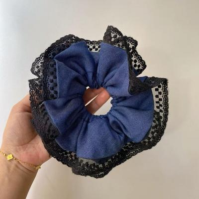 Doppellagiges Denim-Spitzen-Scrunchie im koreanischen Stil für tiefe Pferdeschwänze: Hochleistungs-Haargummi für Frauen