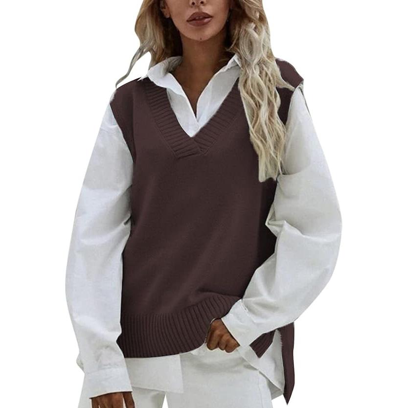

Женский трикотажный жилет без рукавов с V-образным вырезом, ребристый трикотажный пуловер с разрезом, свитер, жилет, блузка, жилет, рубашка One Size кофейный