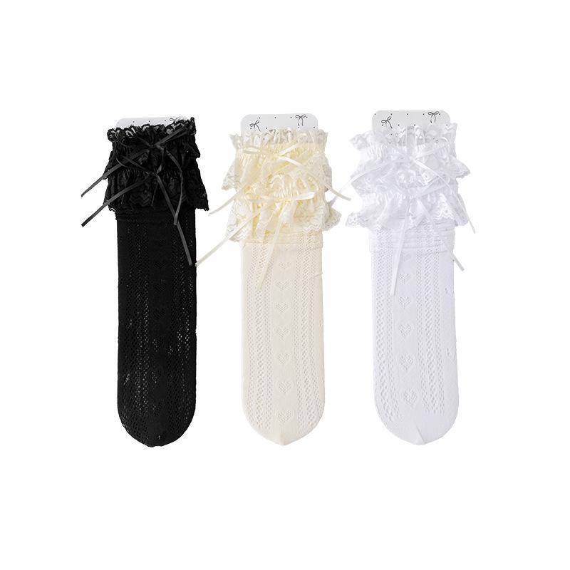 Lace Bow Socks for Women Spring and Summer, Thin Lolita Mid-calf White Ballet-style Mary Jane Pile Socks