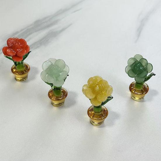 Mini Glass Rose Flower with Pot Colorful Rose Flower Ornaments Collectible Hand Blown Faux Crystal Flower Figurine for Mother's Day Birthday Table