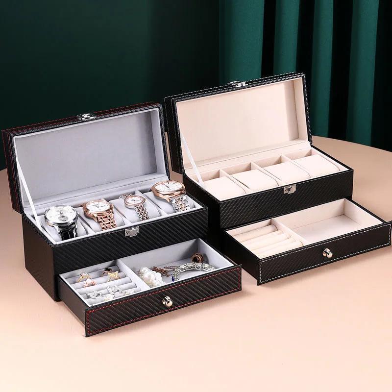 1pc 22.5x10.5x11.58cm Hot Selling Carbon Fiber Double Layer Watch Box Jewelry and Watch Storage Box 4 Position Double Watch Box
