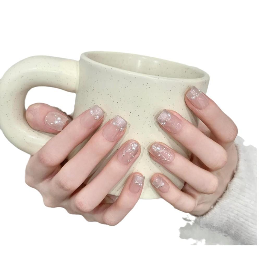 Unghie artificială FĂCUTĂ MÂNĂ Coada de sirenă Perla Ochi de pisică francez Unghii scurte pentru fototerapie Unghii false Unghii reutilizabile și detașabile