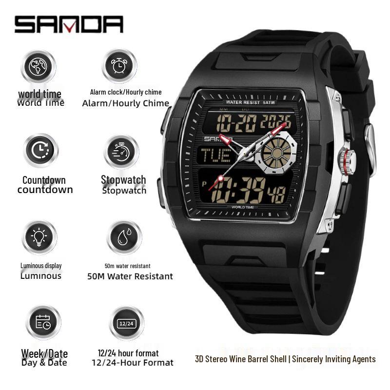 Sanda Men's Sports Barrel-Shaped Luminous Countdown Watch with Triple Time Zone and Dual Display, Waterproof Design.