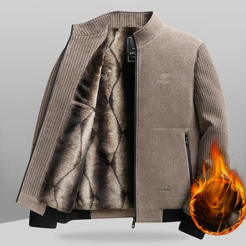 

Autumn and Winter Men s Plus Velvet Thick Chenille Jacket Dad Loose Stand-up Collar Jacket 195 хакі