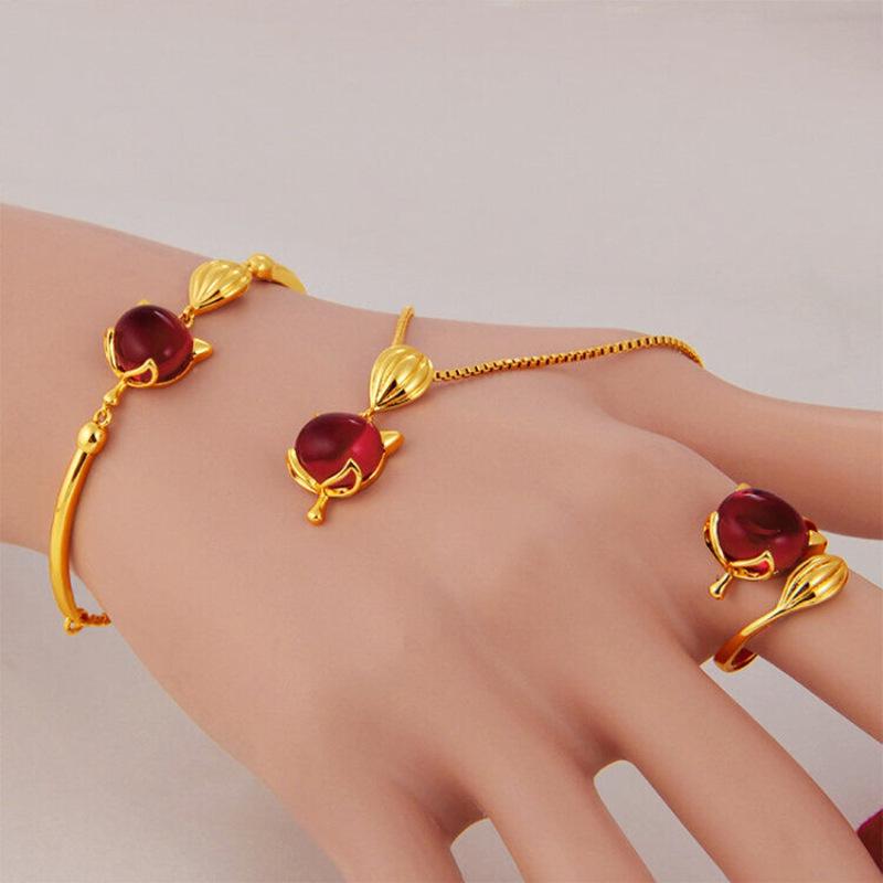 Gemstone Fox Copper Gold-Plated Jewelry Set: Includes Imitation Gold Bracelet, Necklace, and Ring for Women - Versatile Accessory Collection