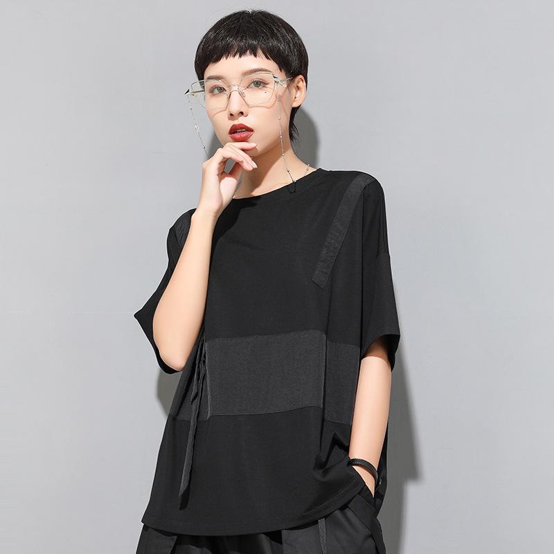 

Футболка в стиле пэчворк для женщин в европейском и американском стиле, темного цвета, с круглым вырезом, свободным кроем, коротким рукавом, модный стиль M чёрный