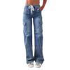 Jeans Cargo a Vita Media da Donna Pantaloni Denim Gamba Dritta Larga