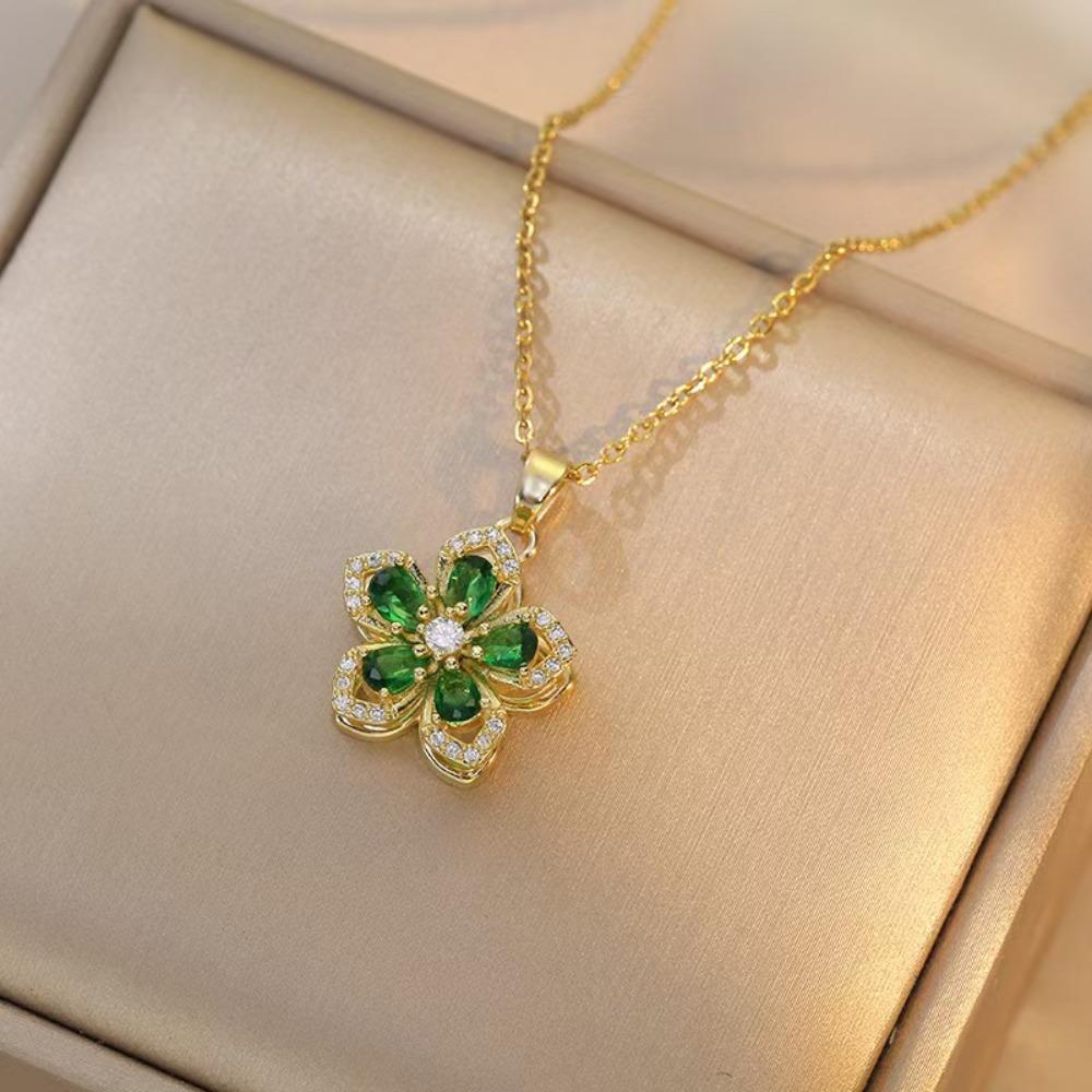 New Luxury Multicolor Flower Zircon Inlay Design Necklace Rotating Ring Set for Women Exquisite Stainless Steel Jewelry Gift