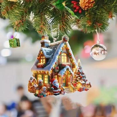 Christmas Ornament Snowy Village House Pendant 2D Flat Acrylic Log Cabin Hanging Decoration for Home Car Tree Decor