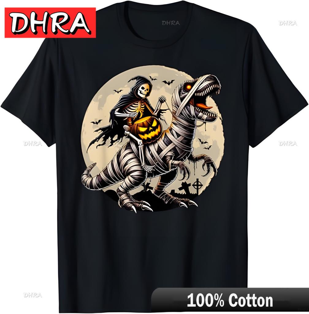 Skeleton Riding Mummy Dinosaur T Rex Pumpkin Funny Halloween TShirt Shirts Trendy Creative Unique Tops Tees Male Belgium Camisa