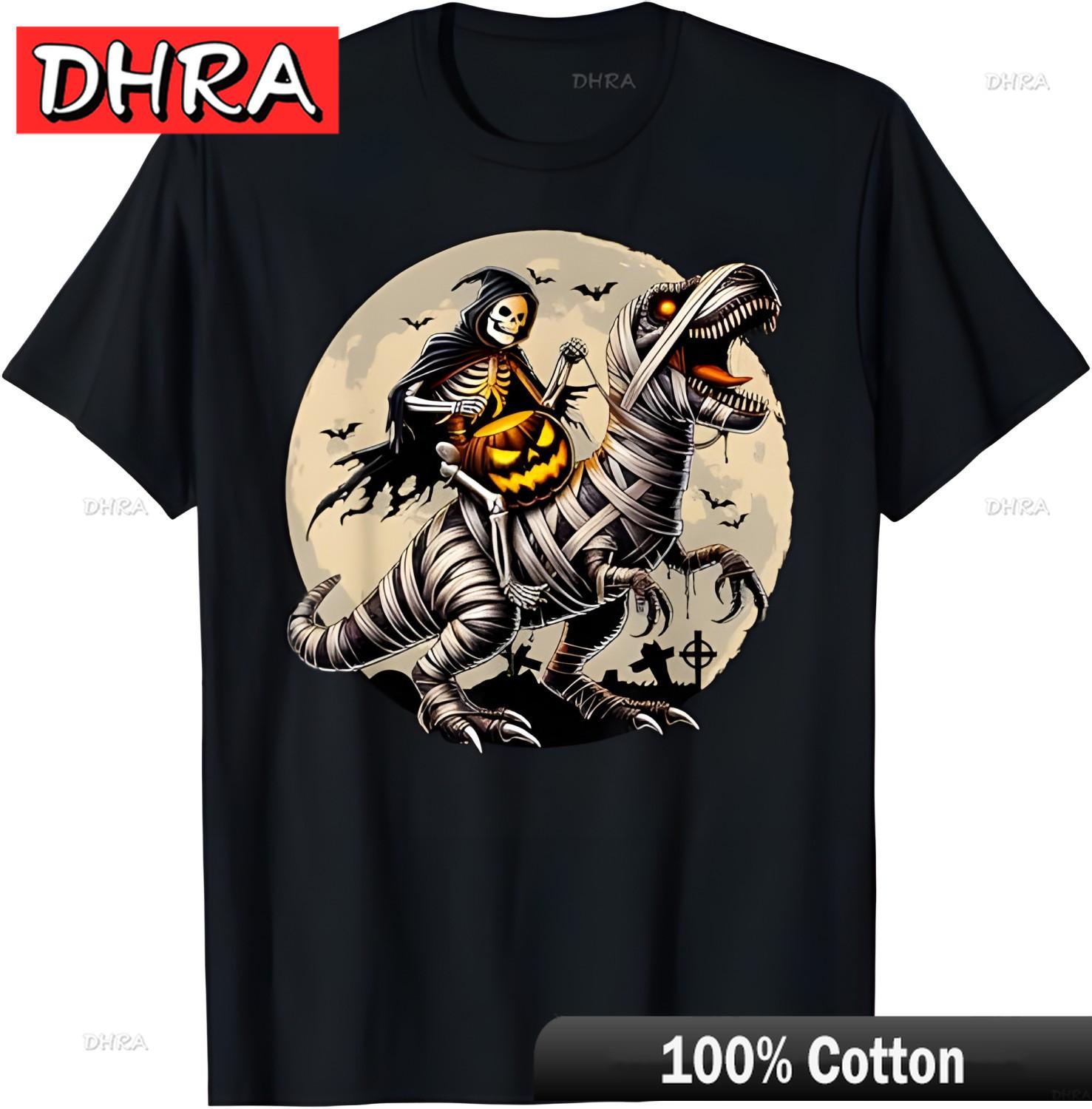 Skeleton Riding Mummy Dinosaur T Rex Pumpkin Funny Halloween TShirt Shirts Trendy Creative Unique Tops Tees Male Belgium Camisa 4XL