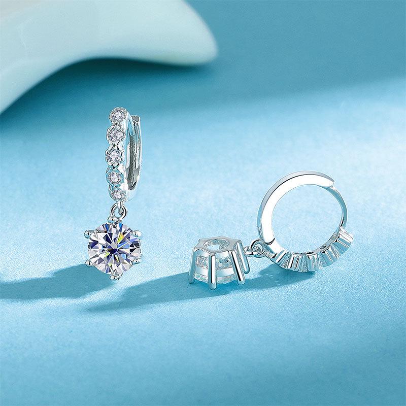 925 Sterling Silver Moissanite Six-Prong Stud Earrings, 18k White Gold, VVS1 Clarity, Super Shiny