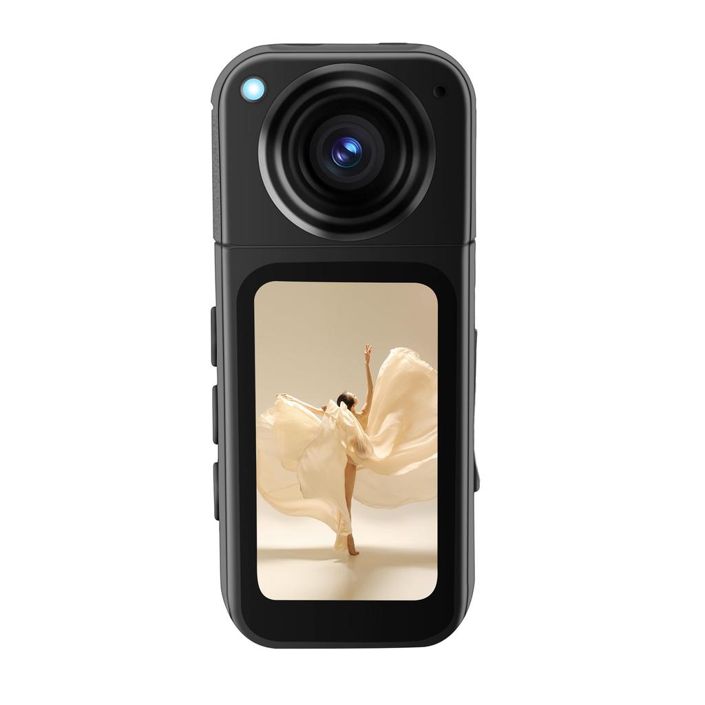Action Camera with 180-Degree Rotation, 2.7K Video Recording, 1.4-Inch Display, Wearable Body Camera with Smartphone Transfer, Long-Duration Recording