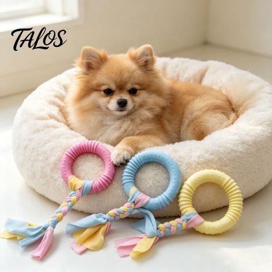 Stress Relief Toys for Pets Dog Tug-of-War Toy, Rubber Ring with Braided Cloth Strips, Interactive Aggressive Chewers Chew Toy Small to Medium