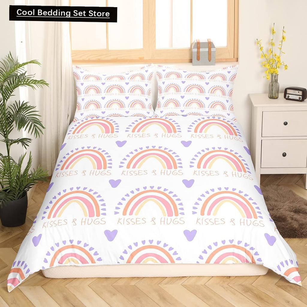 Cartoon Regenbogen König Königin Bettbezug Kinder Mädchen Bunte Wolken Bettwäsche Set Liebesherz Bettdeckenbezug Polyester Steppdeckenbezug