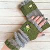 Gants en tricot sans doigts avec broderie de chat et patchwork, Gants décontractés ouverts aux doigts tendance pour femme, Mitaines chaudes d'hiver sans doigts