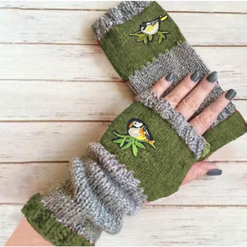 Gants en tricot sans doigts avec broderie de chat et patchwork, Gants décontractés ouverts aux doigts tendance pour femme, Mitaines chaudes d'hiver sans doigts