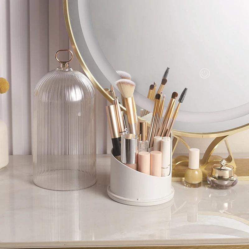 360° Rotating Makeup Brush Holder With Lid Desktop Makeup Organizer Cosmetic Storage Box Lipstick Eyebrow Storage Container Box