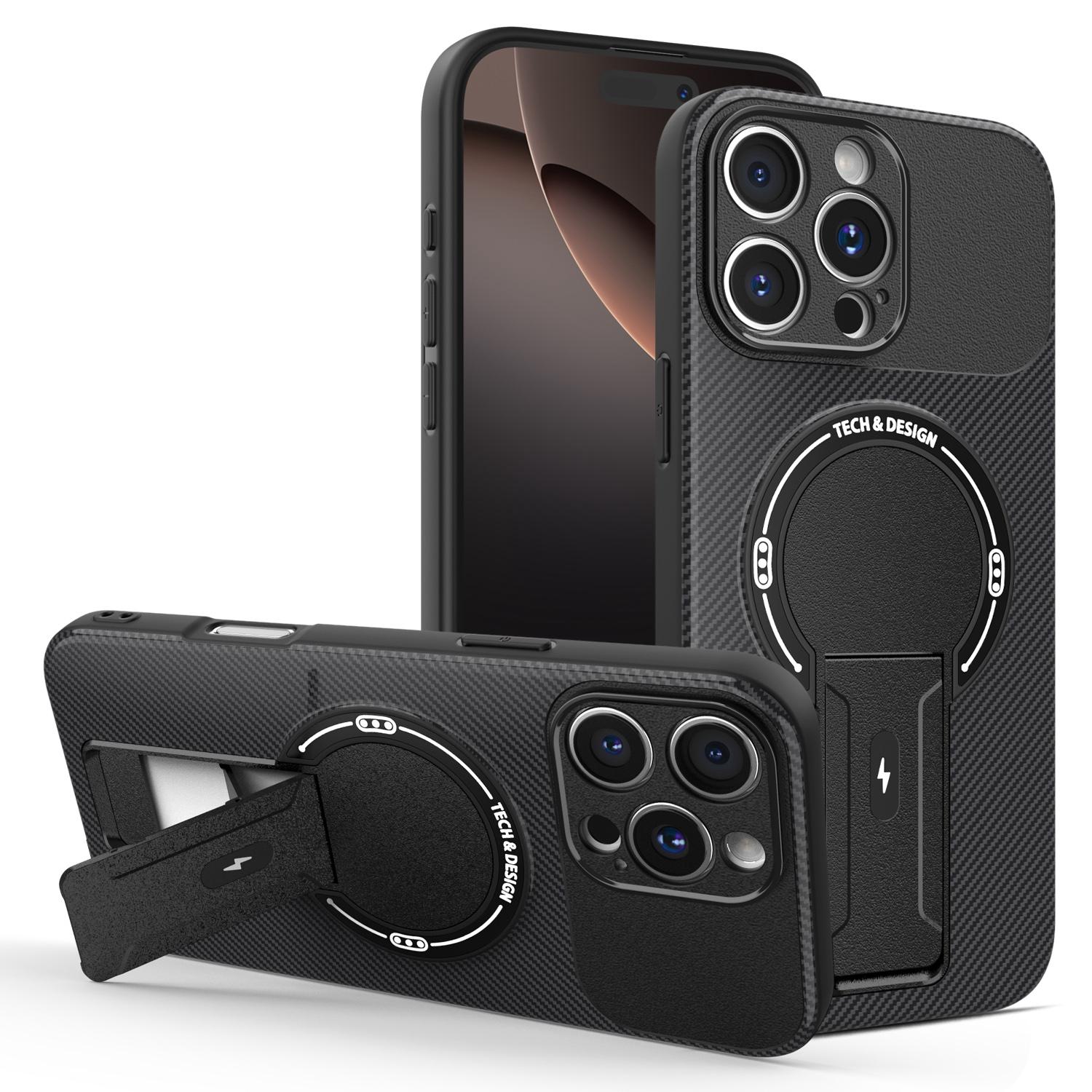 Чехол для iPhone 16 Pro Max с подставкой, текстурой под карбон, из поликарбоната и ТПУ. A