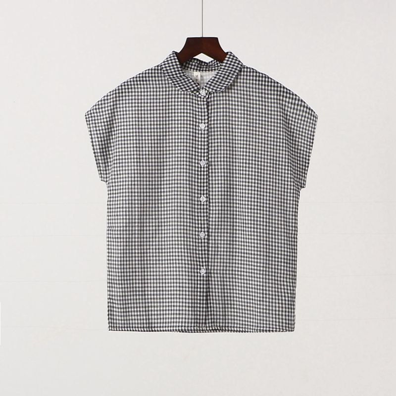 

Special Offer [Man] Fashion Zhongshu plus Size Women s Clothing New Summer Gingham Cotton Short Sleeve Shirt Top 6i017 Blue and White grid M