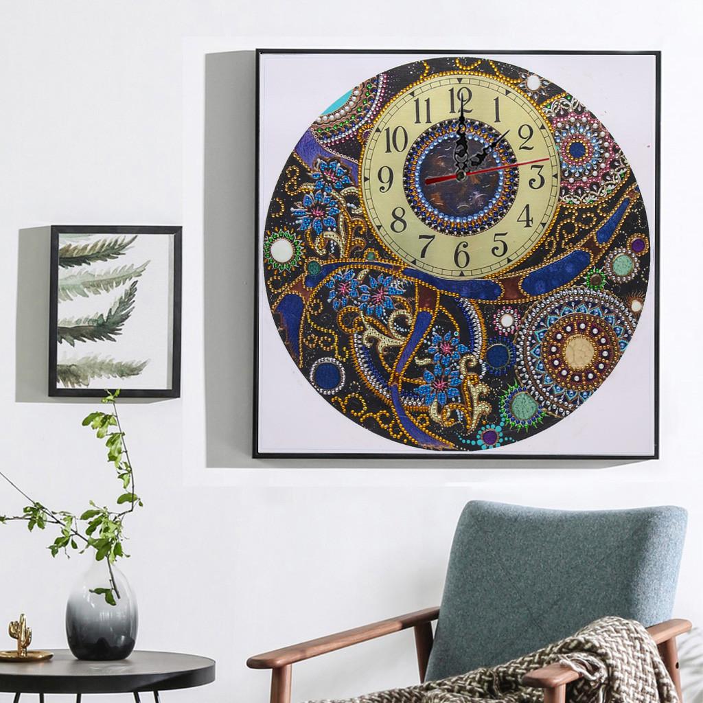 Handgemaakte Klok Speciale Vorm Kristal Diamant Schilderen Wandklok Borduurwerk Woonkamer Decoratie Bloem Mandala Klok Leverancier