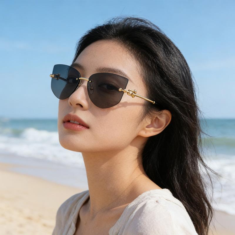 Cat Eye Metal Borderless Retro Men Women Sunglasses Fashion Trend Outdoor Sunscreen Sunshade Street Photography Glasses