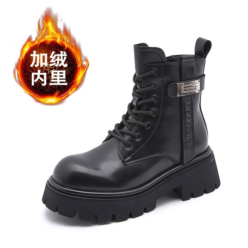 Leather Martin boots women's 2025 winter new thick heel medium tube women's boots thick-soled versatile velvet British style short boots