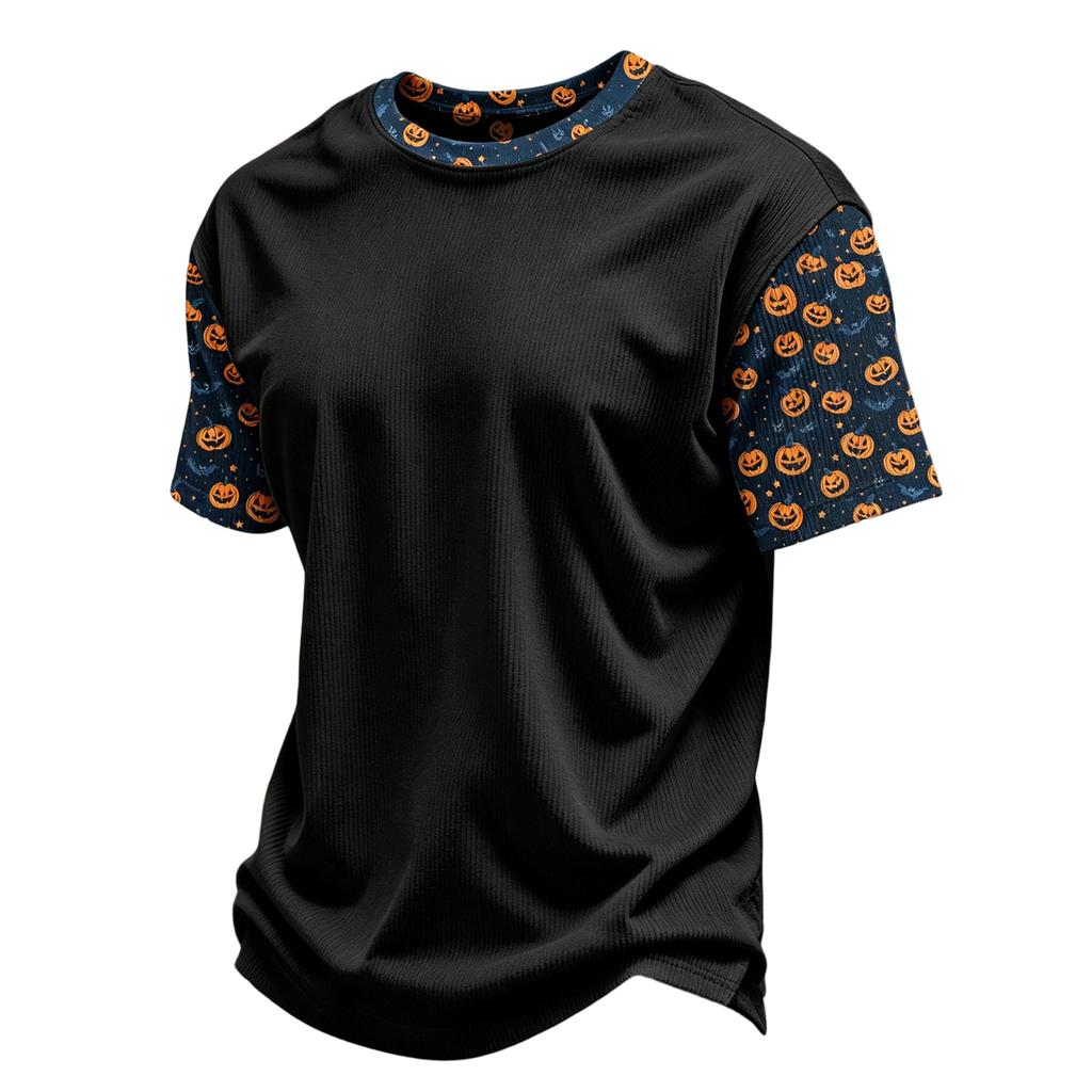 Herren Freizeit Corduroy Kurzarm T-Shirt Leicht Atmungsaktiv Rundhals Oberteil mit Halloween Print Ärmeln und Kragen Design