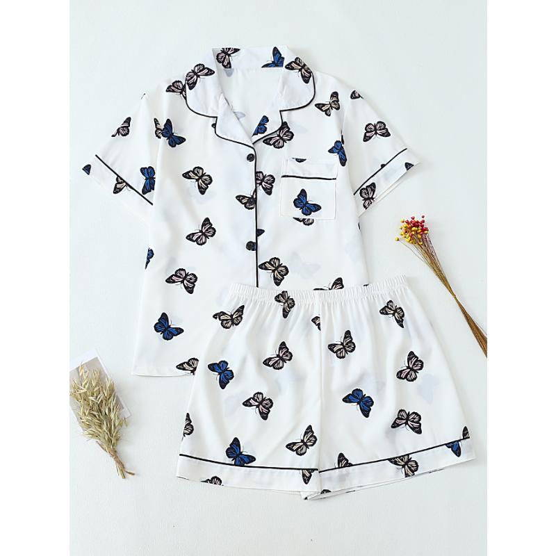 

Летний женский комплект из 2 предметов: топ с коротким рукавом и шорты, пижама, женская модная повседневная свободная одежда для сна, кардиган с принтом бабочек, комплект пижам S
