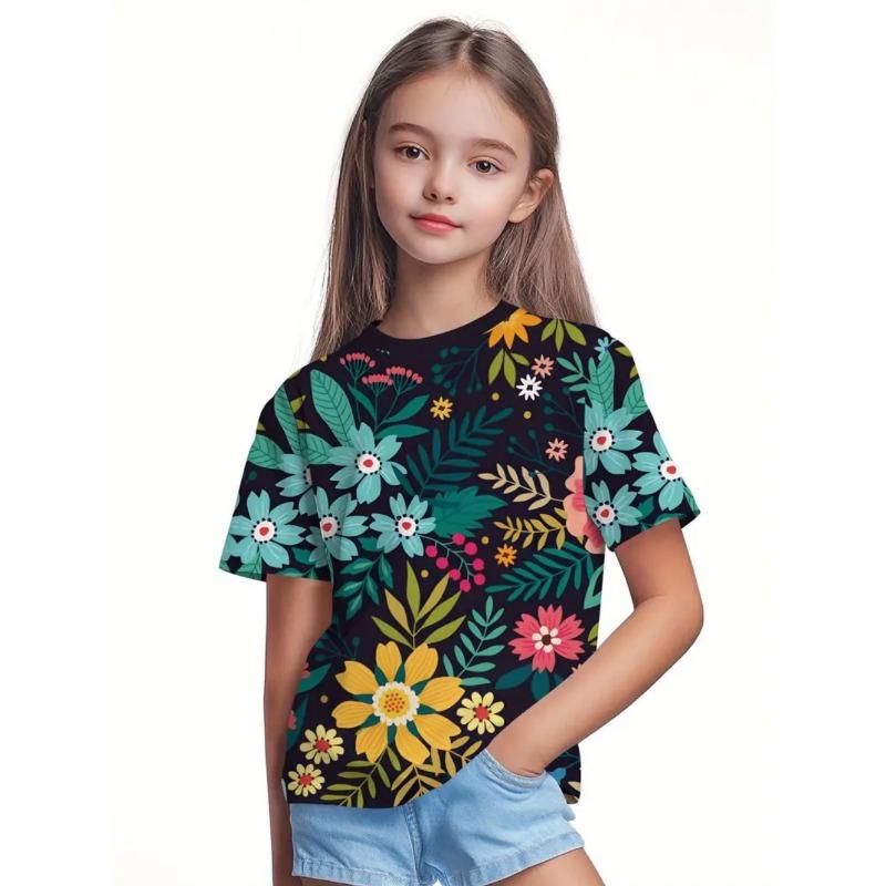 Beautiful T-Shirt for Girls Beautiful Flower 3D Print Summer Fashion Round Neck Short-Sleeved Tops Casual T-Shirts for Children