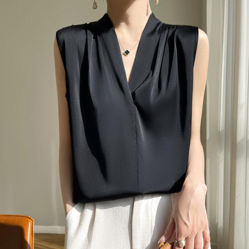 Satin Imitation Silk V-neck Sling Vest Women's Summer Suit with Sleeveless Shirt Hanging Neck Solid Color Top