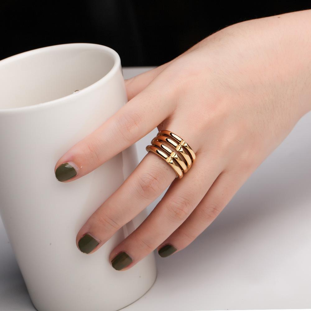 Multi-layer line + winding hollow ring ins does not fade European and American plated 18k real gold geometric opening ring