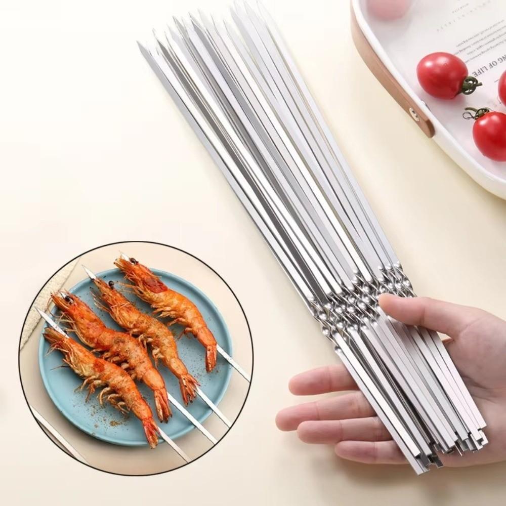 20Pcs Long Flat Kabob Skewer Stainless Steel Grilling Roast Stick BBQ Needle Stick  Outdoor Picnic