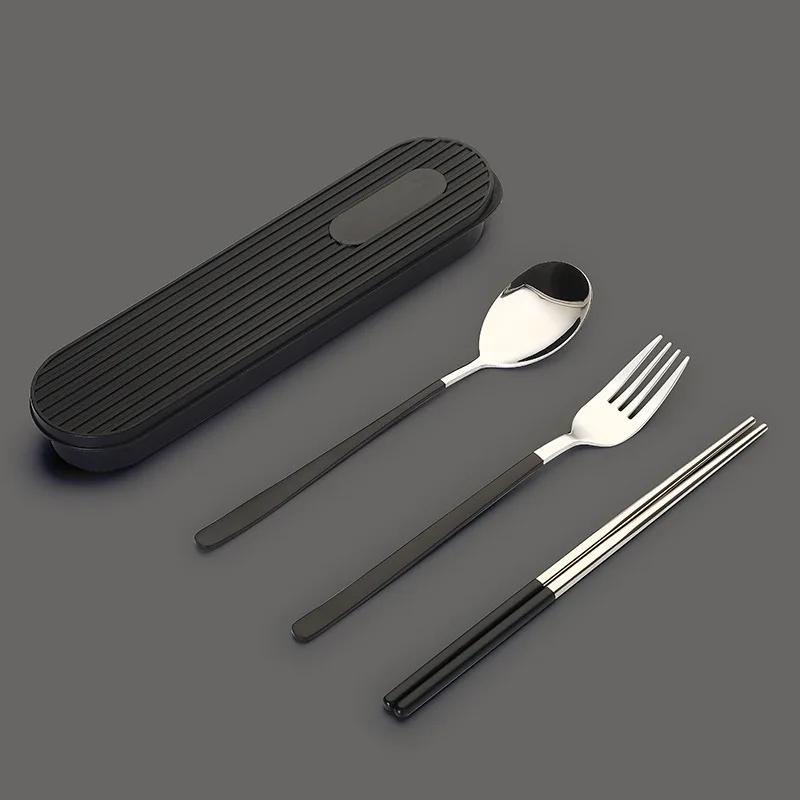 

Ложка, вилка, палочки для еды, набор из 3 предметов/набор столовых приборов, столовая посуда из нержавеющей стали 304 с держателем для коробки, портативные кухонные принадлежности чёрный