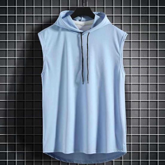Men Vest Hooded Adjustable Drawstring Sleeveless Summer Vest Wide Shoulder Straps Pure Color Quick Drying Sports Tops