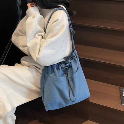 Bolsa Balde com Cordão de Grande Capacidade Bolsa Transversal de Jeans Feminina Bolsa de Ombro para o Dia a Dia